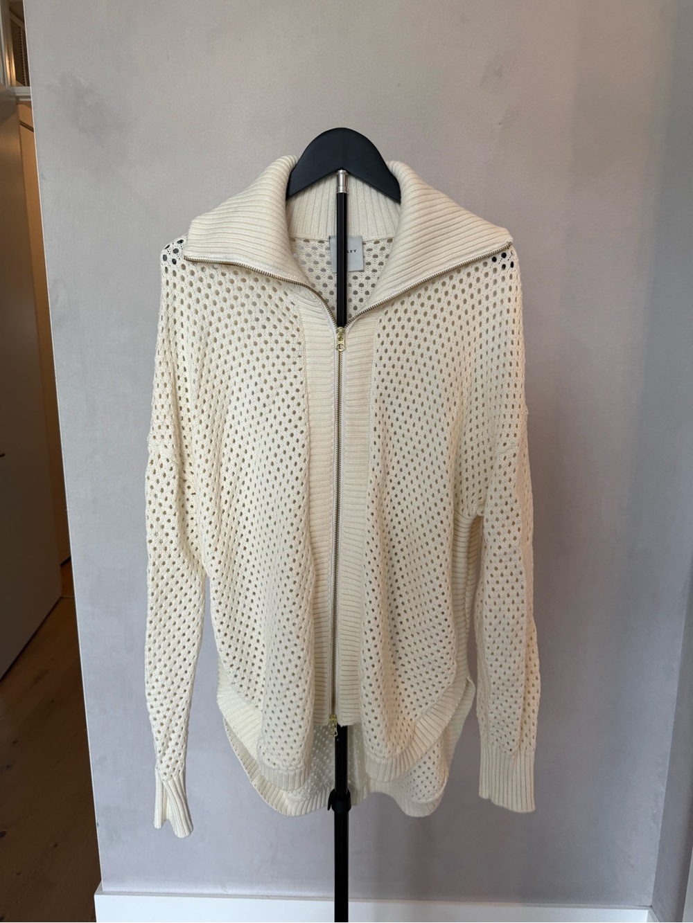 Varley Cream Zip-Up Open-Knit Sweater